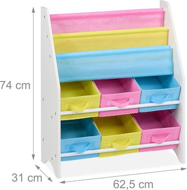 Relaxdays Kinderregal mit 6 Boxen, 2 Taschen, Spielzeugregal, HBT: 74x62,5x31 cm, bunt