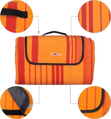 Relaxdays XXL Picknickdecke, 200x300 cm, isoliert, wasserdicht, gestreifte Fleece Stranddecke, Tragegriff, orange/rot