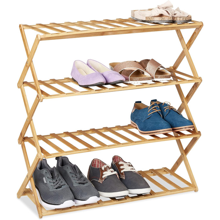Relaxdays Schuhregal, 4 Ebenen, 12 Paar Schuhe, Bambus, 68x67x26 cm