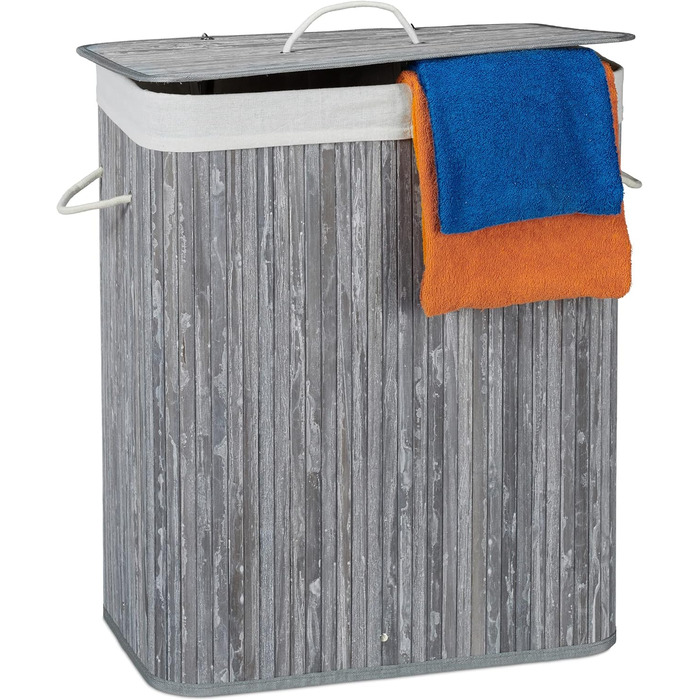 Relaxdays Wäschekorb Bambus, rechteckig, 2 Fächer, 95 l, faltbar, mit Deckel, (Grau)