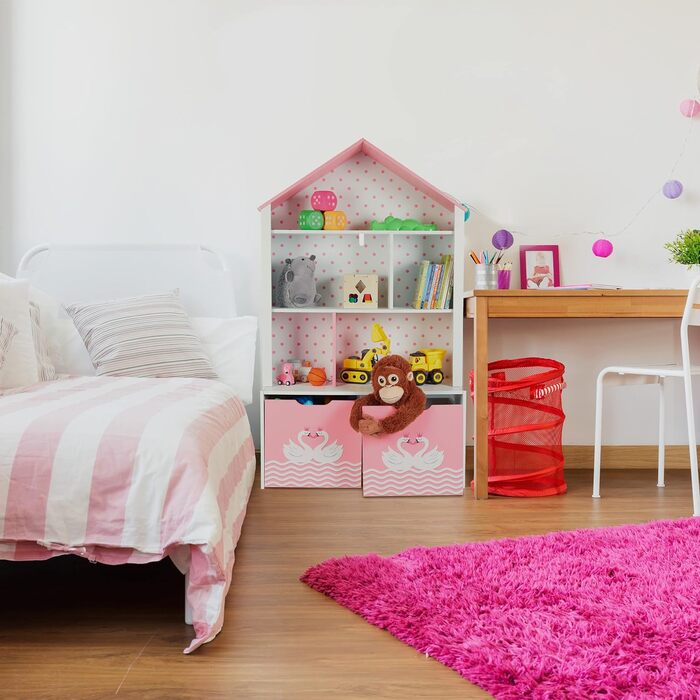 Relaxdays Kinderregal, Schwan, 5 Fächer, 2 Rollboxen, HBT: 128x75x34 cm, Hausform, Spielzeug Aufbewahrung, weiß/rosa