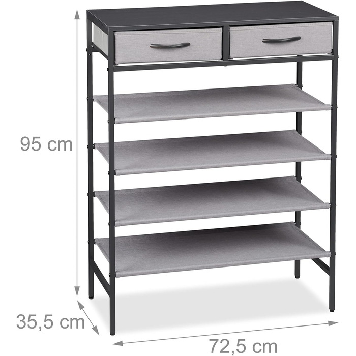 Relaxdays Schuhregal, 2 Schubladen, 4 Ablagen, 12 Paar Schuhe, offen, MDF, Stahl, HBT 95x72,5x35,5 cm, grau Design E