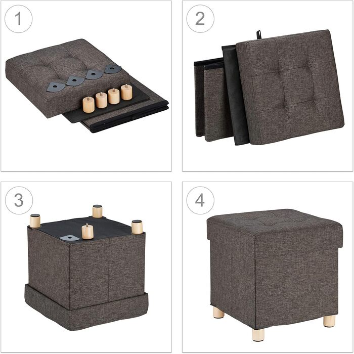 Relaxdays Sitzhocker mit Stauraum, gepolstert, gesteppt, Stoff, 40x38x38 cm, grau (Braun)