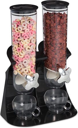 Relaxdays Müslispender doppelt, Cerealienspender für Müsli, Cornflakes, Süßigkeiten, Snackspender Kunststoff, schwarz