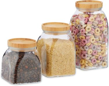 Relaxdays Vorratsgläser, 3er Set, 600/1000/1400 ml, Müsli/Pasta/Linsen, Bambusdeckel, transparent/natur