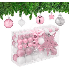 Relaxdays Weihnachtskugeln 101er Set, Kunststoff, Christbaumschmuck, rosa/weiß Hellrosa