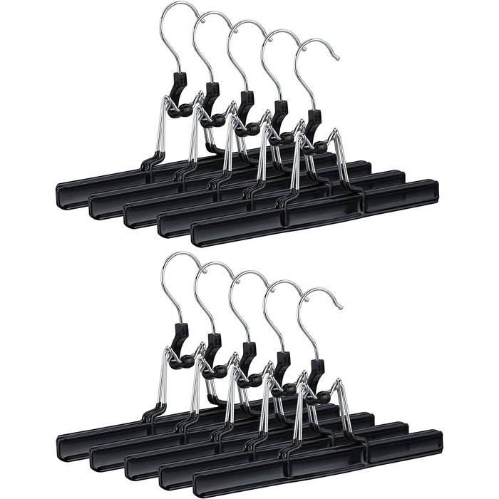 Relaxdays, schwarz Hosenbügel Metall 10er Set, 360° drehbarer Haken, fest schließend, Rockbügel, gummierte Klemmen, 26cm, PVC