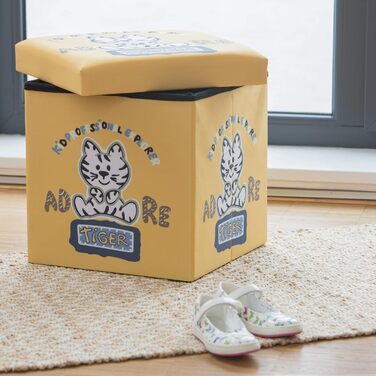 Relaxdays Sitzhocker für Kinder, faltbar, mit Stauraum, Aufbewahrungsbox mit Deckel, HxBxT 38 x 38 x 38 cm, (Tiger)