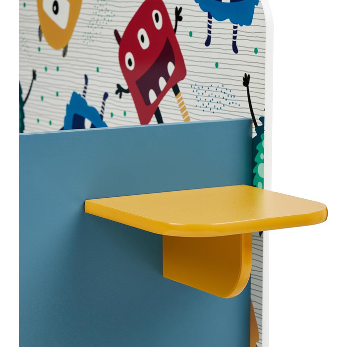 Relaxdays Kinderbett, HBT: 60x94x143 cm, Kleinkindbett mit Ablage, Rausfallschutz, Lattenrost, Monster-Motiv, MDF, bunt