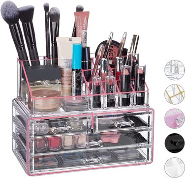 Relaxdays Make Up Organizer Acryl, 2-teilige Schminkaufbewahrung mit Lippenstifthalter und 4 Schubladen,  19 x 24 x 13.5 cm (Transparent/Pink)
