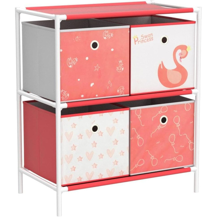 Relaxdays Kinderregal mit 4 Boxen, Spielzeug, Mädchen, Schwan-Design, Regal Kinderzimmer, HBT: 62 x 53 x 30 cm, weiß/rot