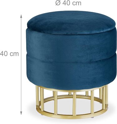 Relaxdays Samthocker mit Stauraum, runder gepolsterter Sitz, 40x40 cm, blau/Gold