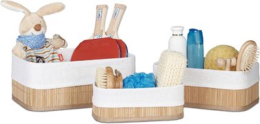 Relaxdays Aufbewahrungskorb 3er Set, Stoffbezug, Bambus, rechteckig, Bad, Accessoires, Spielzeug, Allzweckkorb, natur