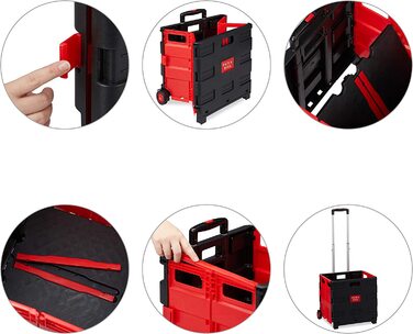 Relaxdays Einkaufstrolley klappbar, bis 35 kg, 50 l Kiste, mit Teleskopgriff, 2 Rollen, Transport Trolley, rot/schwarz