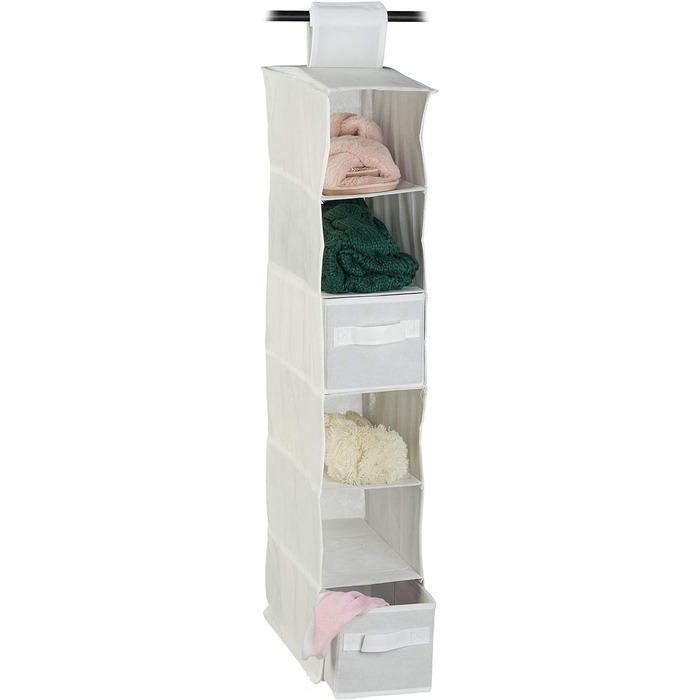Relaxdays Hängeregal Stoff, 6 Fächer, 2 Schübe, für Kleiderschrank, HBT: ca. 82x14,5x30 cm, Weiß