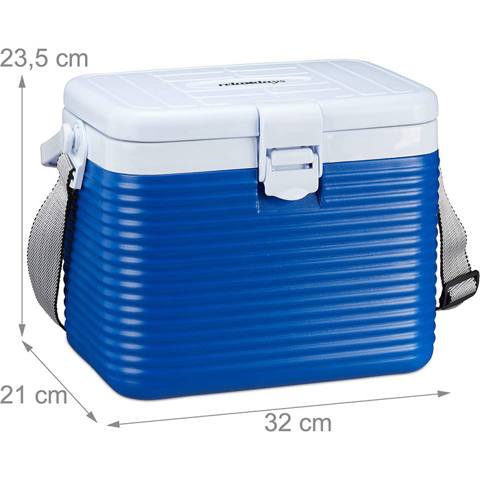 Relaxdays kleine Kühlbox, mit Griff, Tragegurt, Kunststoff Kühltasche, ohne Strom, 8 l, HBT 23,5 x 31 x 21 cm, weiß-blau
