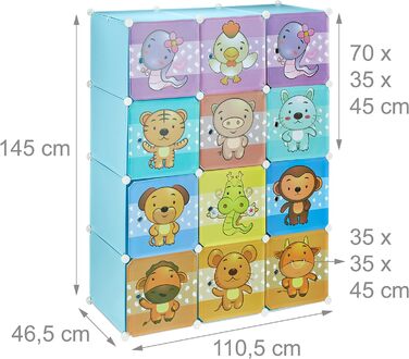 Relaxdays, blau Steckregal Kinderzimmer, Tiermotive, Jungen, Türen, Kleiderstangen, Kunststoff Kleiderschrank, 145x110cm, 60%, Standard