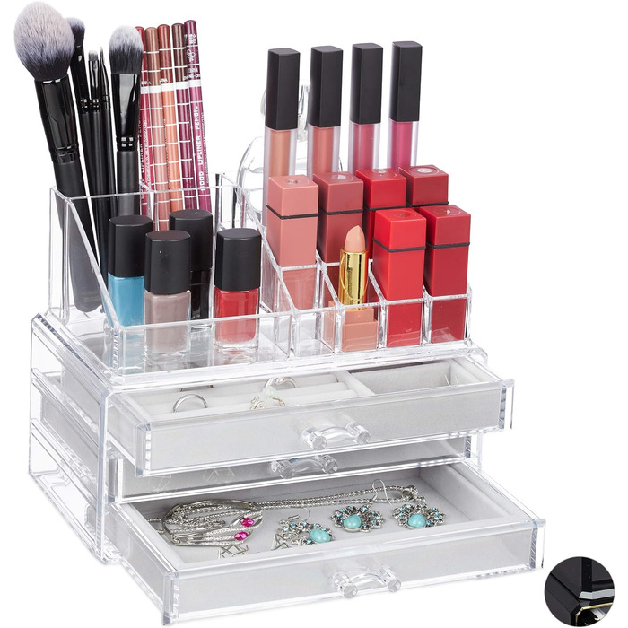 Relaxdays Make Up Organizer, 2-teilig, mit Schmuckkästchen, 3 Schubladen, Kunststoff, HBT 18,5x23,5x15 cm, (Transparent)