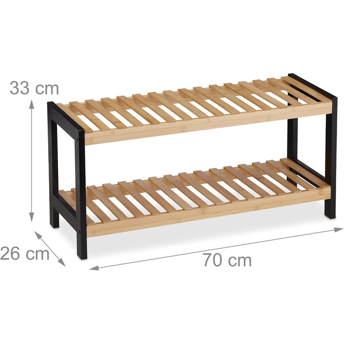 Relaxdays Schuhregal, 2 Ebenen, für 6 Paar Schuhe, offen, Schuhständer HBT: 33 x 70 x 26 cm, Bambus, MDF, natur/schwarz