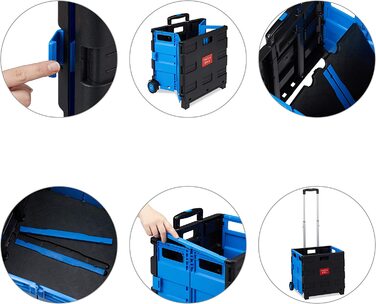 Relaxdays Einkaufstrolley klappbar, bis 35 kg, 50 l Kiste, mit Teleskopgriff, 2 Rollen, Transport Trolley, blau/schwarz