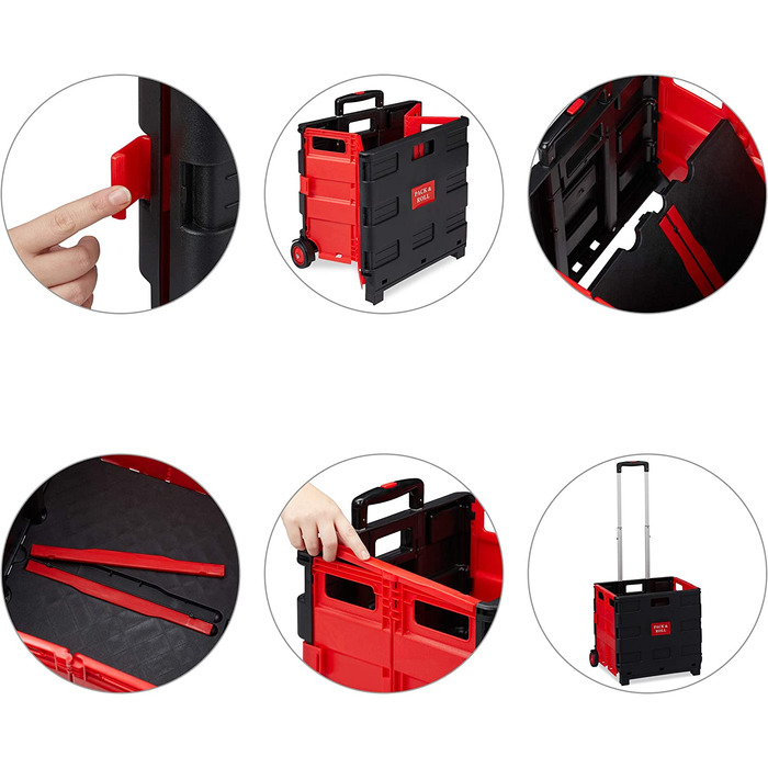Relaxdays Einkaufstrolley klappbar, bis 35 kg, 50 l Kiste, mit Teleskopgriff, 2 Rollen, Transport Trolley, rot/schwarz