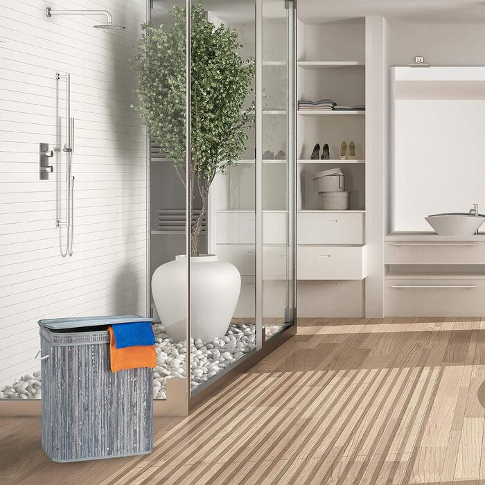 Relaxdays Wäschekorb Bambus, rechteckiger Wäschesortierer, 2 Fächer, Klappdeckel, faltbar, 95 l, (Grau)