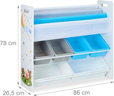 Relaxdays Kinderregal, 6 Boxen, 4 Stofffächer, Lagerfeuer Kindermotiv, Spielzeugregal HxBxT: 78 x 86 x 26,5 cm, bunt, 1 Stück