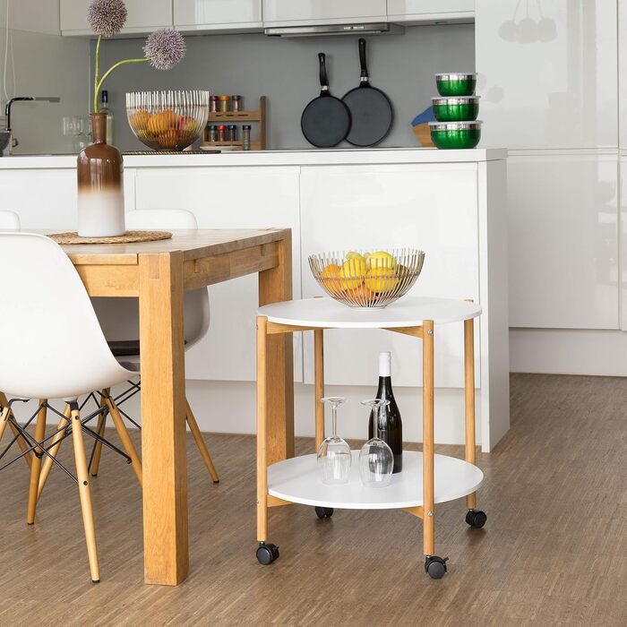Relaxdays Beistelltisch mit Rollen, runder Kaffeetisch, 2 Ebenen, fahrbar, weiß, 61x61x58.5 cm
