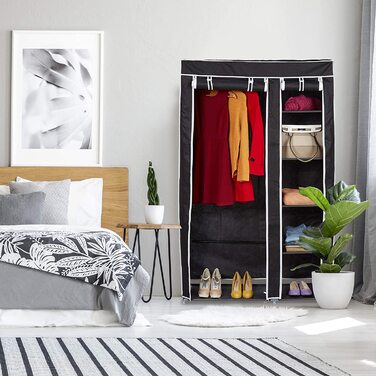 Relaxdays Stoffschrank, mit Kleiderstange & 5 Fächern, HBT: 174 x 107 x 42,5 cm, stabiler Faltschrank mit Bezug, schwarz