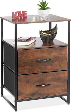 Relaxdays Nachttisch Industrial, 2 Ablagen, 2 Schubladen, Holzoptik, 70x45x40 cm, schwarz/braun