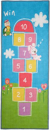Relaxdays Kinderteppich Hüpfspiel, 180 x 70 cm, 10 Hüpfkästchen, Kurzflor, gummierte Unterseite, Spielteppich, bunt, 1 Stück