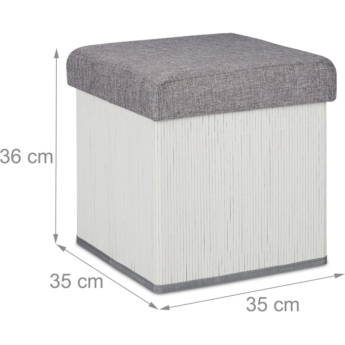 Relaxdays faltbarer Sitzhocker mit Stauraum, gepolstert, Bambus, Stoff, 36x35x35 cm, Weiß/Grau