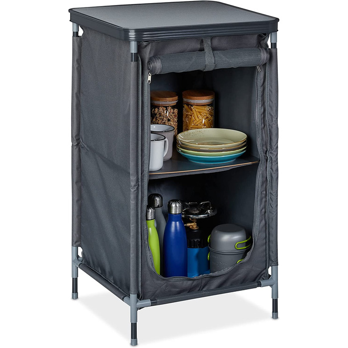 Relaxdays Campingschrank mit 2 Ablagen, HBT: 87x47,5x47,5 cm, Campingregal mit Tischaufsatz, Stauraum im Vorzelt, grau
