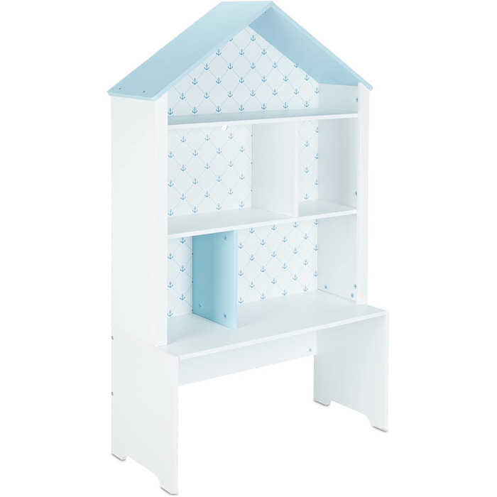Relaxdays Kinderregal, Seefahrt, 5 Fächer, 2 Rollboxen, HBT: 128x75x34 cm, Hausform, Spielzeug Aufbewahrung, weiß/blau