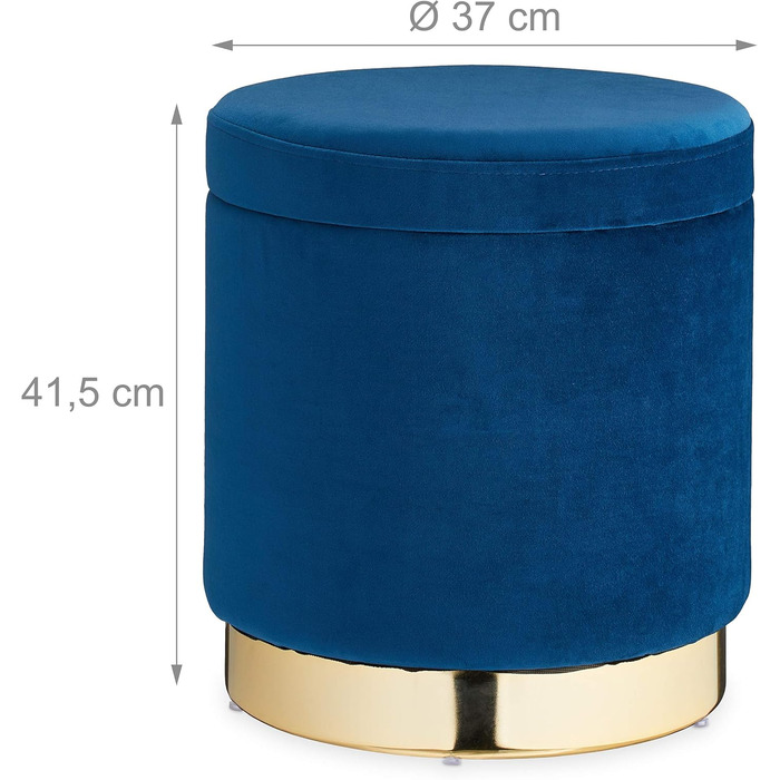 Relaxdays runder Samthocker mit Stauraum, elegant, H41,5 x D37 cm, blau/Gold