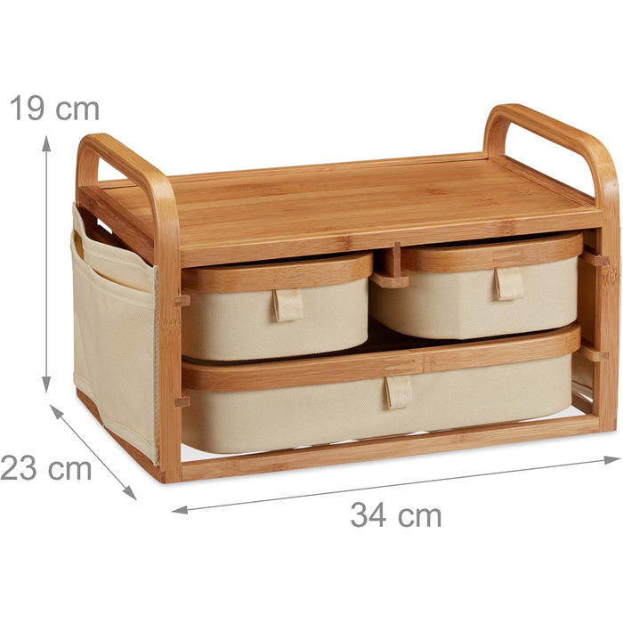 Relaxdays, Natur Mini Kommode Bambus, 3 Fächer, kleines Badregal, Stoff, Kosmetikorganizer Landhaus, HBT 19 x 34 x 23 cm, Standard