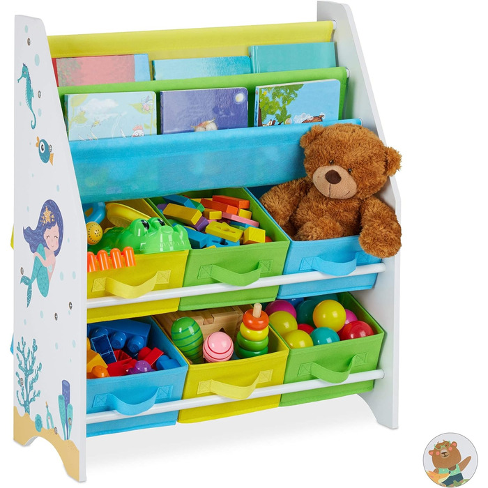 Relaxdays Kinderregal, Tiere Motiv, 6 Boxen, 2 Fächer, Kinderzimmer, Spielzeug Aufbewahrung HBT 74 x 62 x 31,5 cm, bunt, Holzwerkstoff,  1 Stück (Meerjungfrau)