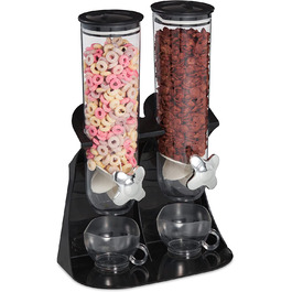 Relaxdays Müslispender doppelt, Cerealienspender für Müsli, Cornflakes, Süßigkeiten, Snackspender Kunststoff, schwarz
