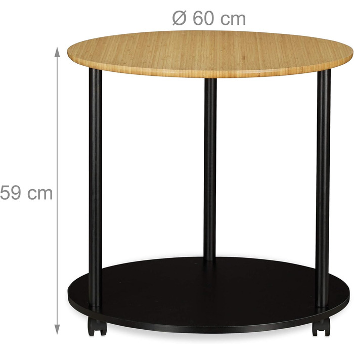 Relaxdays runder Beistelltisch mit Rollen, modernes Design, Bambus, HxD: 59 x 60 cm, schwarz/natur