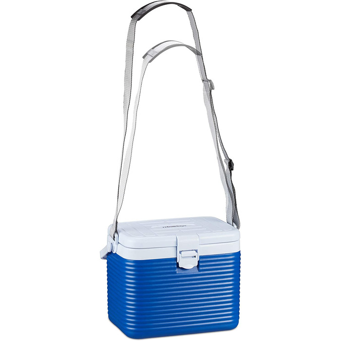 Relaxdays kleine Kühlbox, mit Griff, Tragegurt, Kunststoff Kühltasche, ohne Strom, 8 l, HBT 23,5 x 31 x 21 cm, weiß-blau