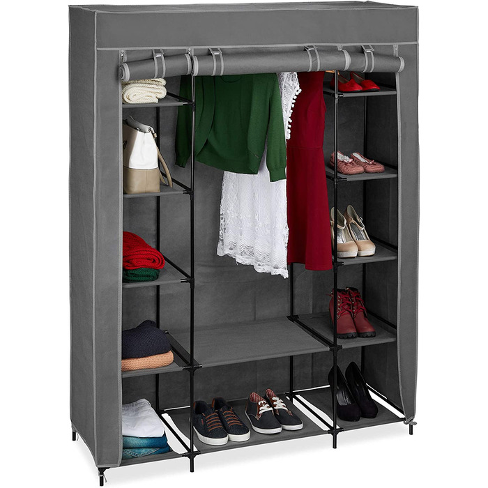 Relaxdays Stoffschrank mit Kleiderstange & 12 Ablagen, HBT: 175x135x45cm, Kleiderschrank mit Reißverschluss, anthrazit
