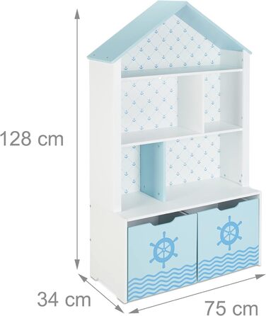 Relaxdays Kinderregal, Seefahrt, 5 Fächer, 2 Rollboxen, HBT: 128x75x34 cm, Hausform, Spielzeug Aufbewahrung, weiß/blau