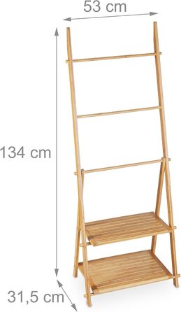 Relaxdays Handtuchleiter Bambus, 3 Stangen, 2 Ablagen, klappbar, 134x53x31,5 cm, Standhandtuchhalter Natur