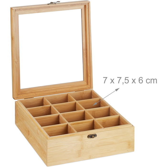 Relaxdays Teebox, 12 Fächer, Bambus, 9,5x26,5x28,5 cm, Tee & Kaffeepads, Deckel, Natur