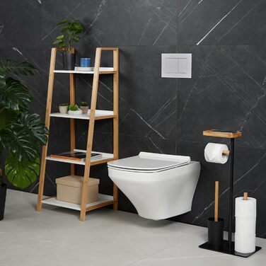 Relaxdays WC Garnitur, Bambus, Eisen, freistehender Klopapierhalter, Toilettenbürste mit Halter, schwarz/Natur