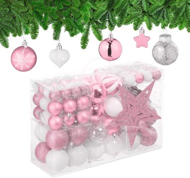 Relaxdays Weihnachtskugeln 101er Set, Kunststoff, Christbaumschmuck, rosa/weiß Hellrosa