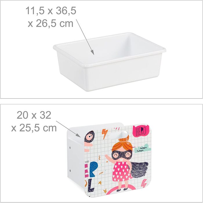 Relaxdays Kinderregal mit 3 Boxen, Heldin-Motiv, Kiste mit Rollen, 80,5x42,5x30 cm, schmales Spielzeugregal, weiß