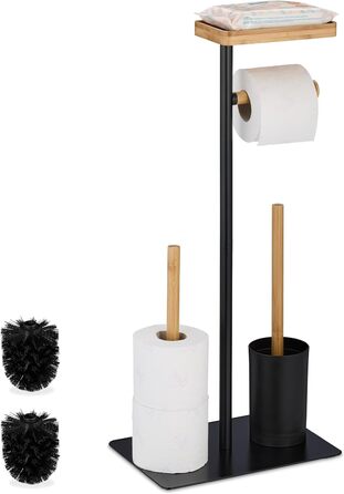 Relaxdays WC Garnitur, Bambus, Eisen, freistehender Klopapierhalter, Toilettenbürste mit Halter, schwarz/Natur