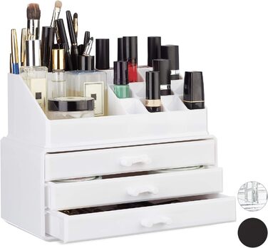 Relaxdays Make Up Organizer klein, 2-teilige Schminkaufbewahrung mit Schubladen, stapelbares Kosmetikregal,  1 Stück (Weiß)