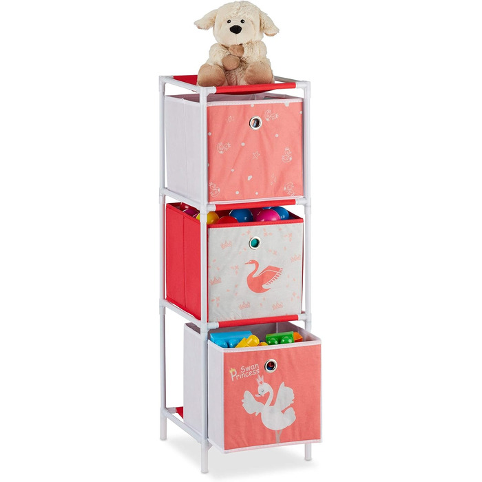 Relaxdays Kinderregal mit  Spielzeug, Mädchen, Schwan-Design, Regal Kinderzimmer, HBT: 62 x 53 x 30 cm, weiß/rot (3 Boxen)